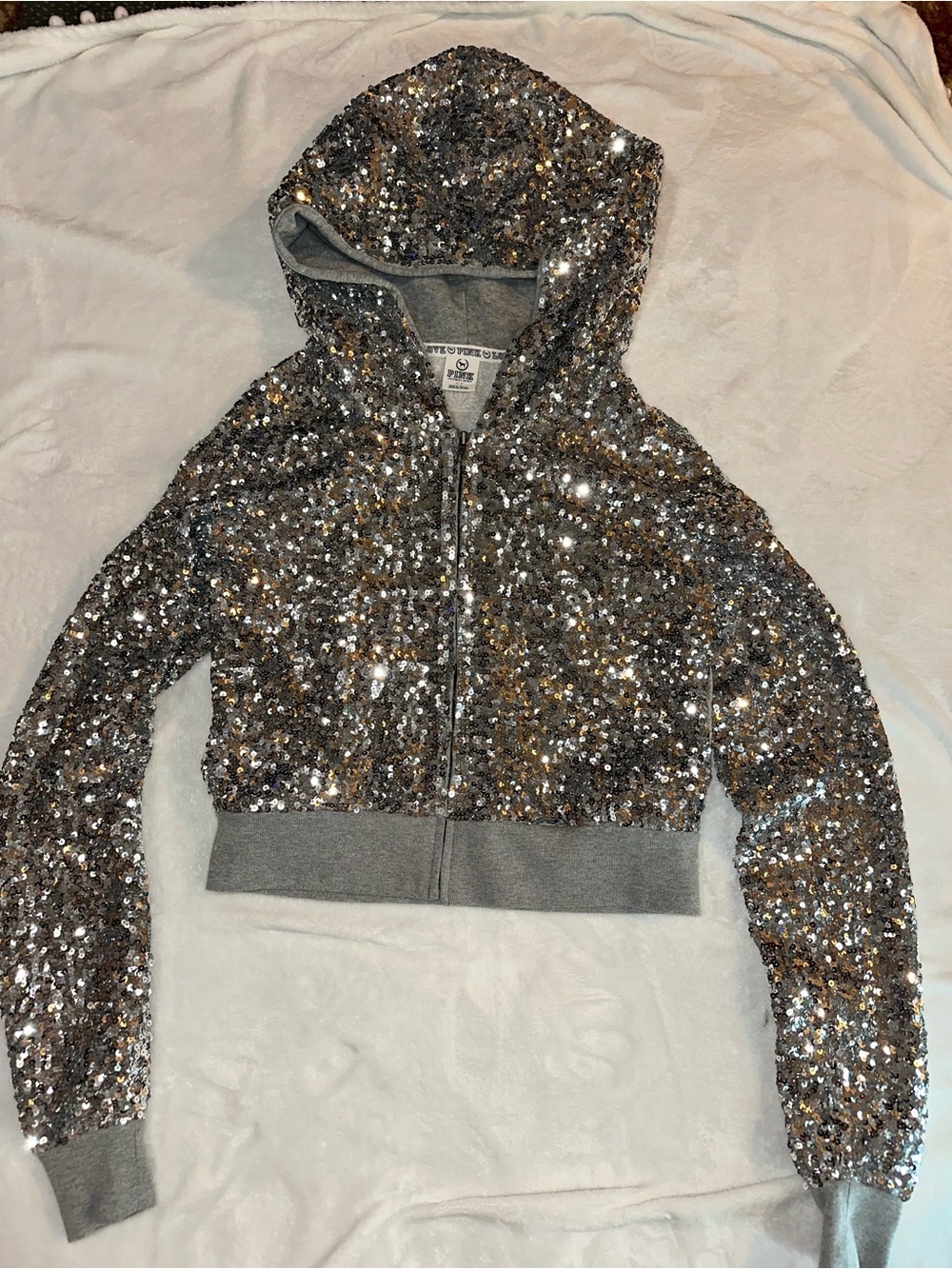 PINK Victoria's Secret Silver Sequin 'LOVE PINK' Hoodie - Picture 9 of 10